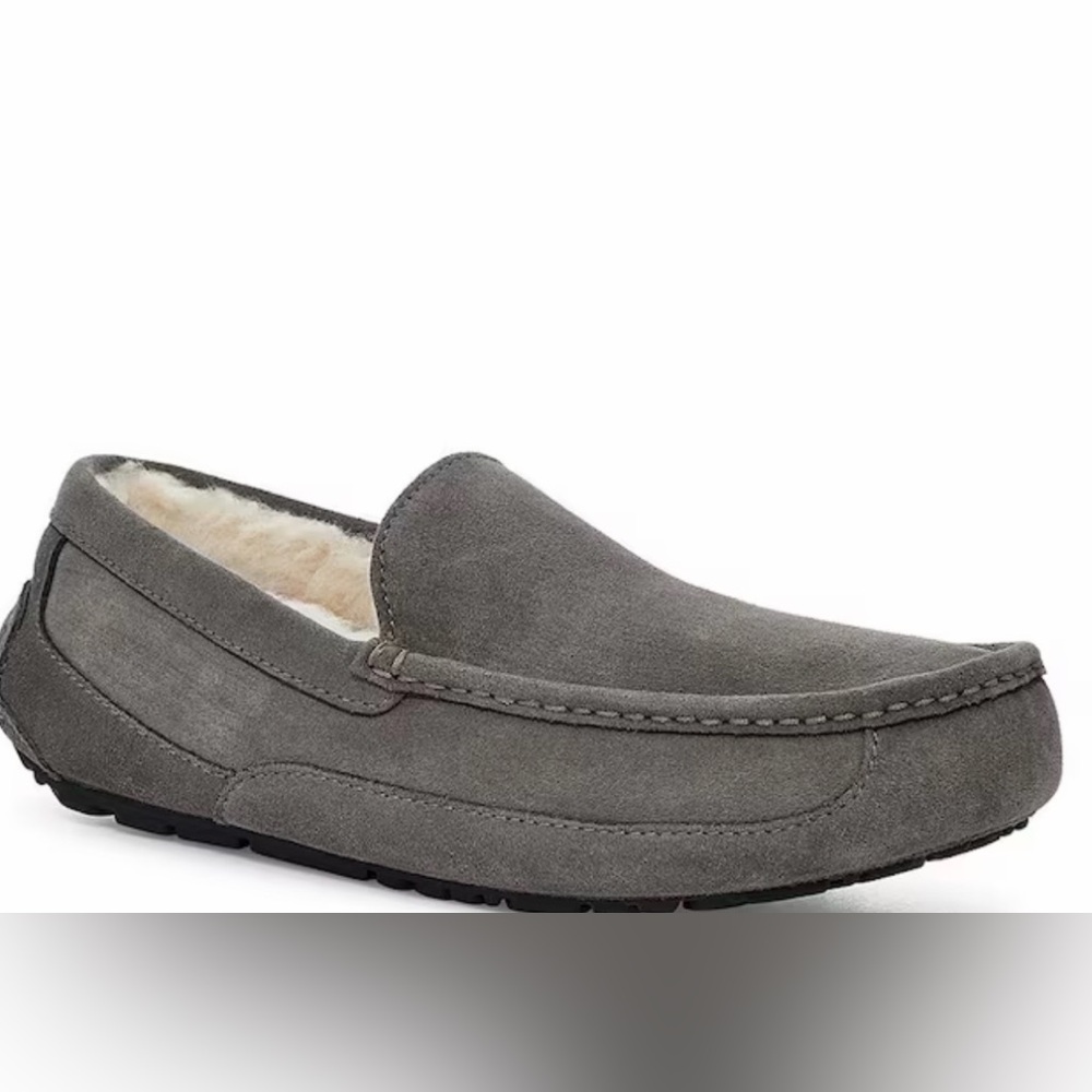 UGG Men's Ascot Suede Wool Sheepskin Lined Moc Toe Gray Slippers‎ Size 9 EUC